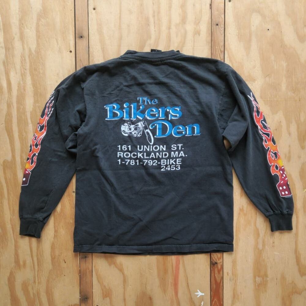 Vintage Bikers Den Flames Dice Double Sided Shirt Grunge Y2k Harley VTG Black